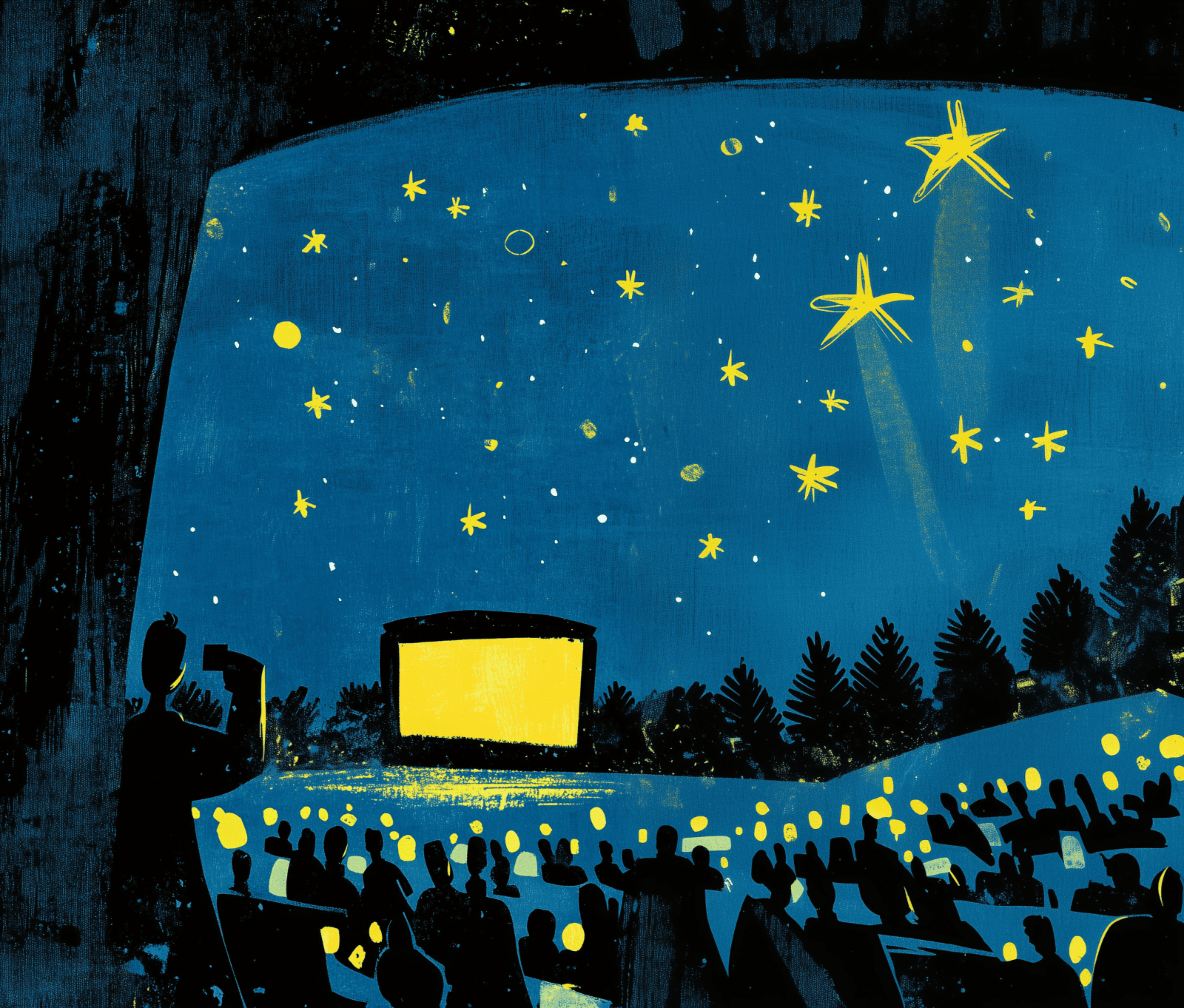 Illustrazione di persone che guardano un film all'aperto sotto le stelle